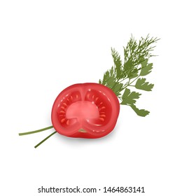 The Red Tomato Green Raw Parsley And Bunch Of Fresh Dill Spice Ingredient For Healthy Food Or Salad, Vector EPS 10 Format