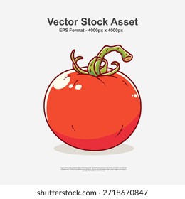 Tomate rojo con tallo verde en estilo doodle dibujado a mano. Esta ilustración de comida fresca es un diseño de Vector limpio en formato EPS, perfecto para temas de cocina, imágenes de cocina saludable y obras de arte de vegetales naturales.
