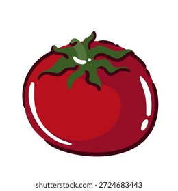Tomate rojo con tallo verde y piel lisa, dibujado en estilo de dibujos animados simples con Formas limpias y color audaz, ilustración de comida mínima con un tomate. Ilustración vectorial.
