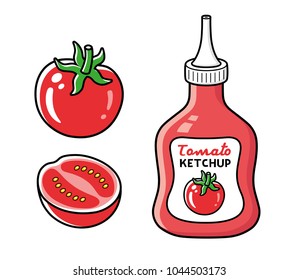 Red tomato with half and ketchup bottle isolated