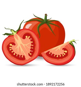 Red tomato and half tomatoes and slice with green leaves flat vector style