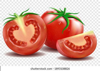 Tomate rojo y medio tomates y rodajas con hojas verdes vector realista