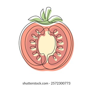 Red tomato halves contour line isolated on white background. Simple vegetable silhouette. Hand drawn tomato outline. Vector illustration