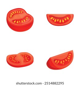 Ícones de tomate vermelho definir o vetor de desenho animado. Tomate fresco maduro. Vegetais, alimentos