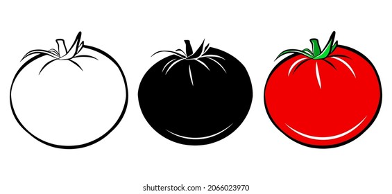 Red tomato isolated vector icon. Vegetable fresh food cartoon outline sketch set. Package logo design element. Farm natural healthy food. Vegan organic plant. Simple emblem template. Graphic symbol.