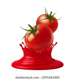 Red tomato with juice or ketchup splash isolated on white background 3d vector