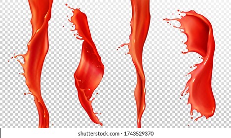 Red tomato juice splash and stream. Vector realistic mockup of spiral waves of liquid ketchup, sauce, strawberry juice. Twisted flow of blood with splash and drops isolated on transparent background