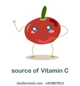 Red tomato with kawaii face and note source of Vitamn C. Flat cartoon style. vector illustration.