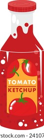 Red tomato ketchup bottle with label and splashes. Cartoon condiment container. Grocery shopping and fast food theme vector illustration.