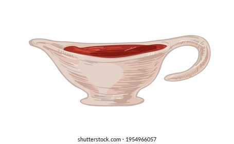 Red tomato or ketchup sauce in ceramic sauceboat with handle. Cranberry or barbecue gravy in boat-shaped pitcher. Colored realistic hand-drawn vector illustration isolated on white background