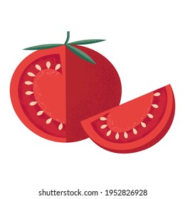 Red tomato with leaves and a slice in the style of a modern flat with a noisy grunge texture. Vegetable for the Mediterranean or vegan diet . Stock vector illustration isolated on a white background