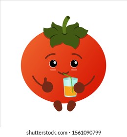 red tomato on a white background. resting, drinking orange juice. showing thumb up. Honey, Kawai. satisfied, calm. is sitting. Flat design. holding a glass