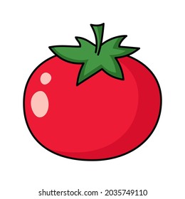 Red tomato on white background isolated vector illustration in colorful cartoon flat style. Food staple. Vegan product. Healthy lifestyle. Gardening. Farmers market. Organic vegetable icon or logo.