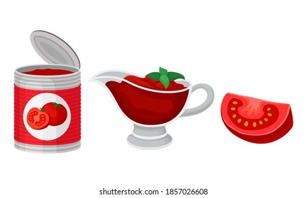 Red Tomato Paste in Sauce Boat and Can Vector Set