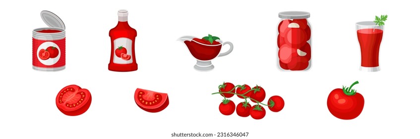 Rotes Tomatenprodukt mit Ketchup, Saft und Can Vector Set