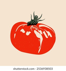 Red tomato risograph effect. Cartoon organic vegetable with retro print effect, healthy food concept for poster card design. Vector isolated illustration.