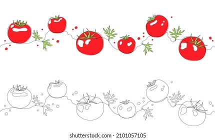 Red tomato seamless border. One continuous line illustration. Coloring book for kids