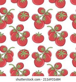 Rote Tomate nahtloses Muster. Handgezeichneter pflanzlicher Hintergrund. Druck für Gewebe, Textilien, Wickelpapier, Web.Vektorgrafik