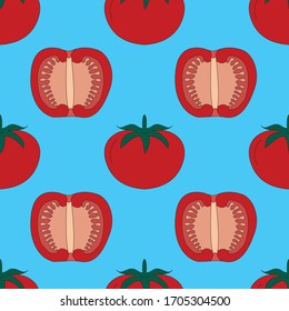 red tomato seamless pattern on white background. slice halves and cherry tomato. background for textiles, banner, wrapping paper, print, quilt and other product.