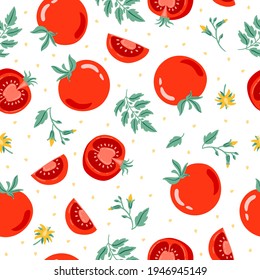 Red tomato seamless pattern vector illustration. Cut tomato, tomato slice, leaves, flowers and tomato seeds. Cartoon vegetable for fabric, tablecloth, kitchen textiles, for clothing, wrapping paper