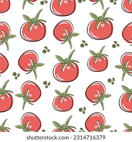 Red tomato seamless vector illustration. Cartoon vegetable for fabric, tablecloth, kitchen textile, wrapping paper, clothing