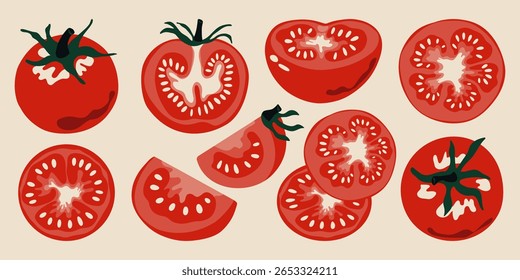 Tomate vermelho. Tomates maduros seções inteiras e fatiadas com sementes, hortas de hortas agrícolas frescas de desenho animado, produto alimentar vegetariano orgânico. Coleção isolada de vetor.