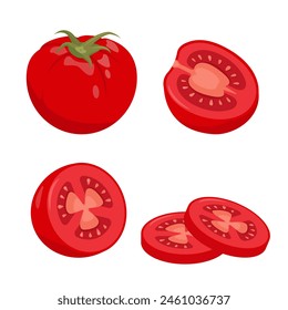 Red Tomato set. Whole and parts of farm tomatoes plant icons. Organic vegetables vegetarian food. Vector illustration isolated on white background.