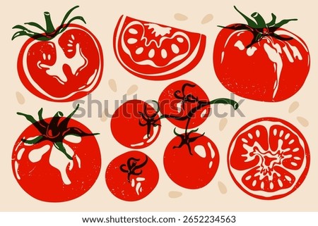 Red tomato set. Whole and sliced tomatoes, abstract fresh vegetables, food collection with green leaves and spots risograph effect, organic vegetarian products. Vector isolated collection.