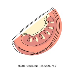 Red tomato slice contour line isolated on white background. Simple vegetable silhouette. Hand drawn tomato outline. Vector illustration