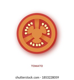 Red Tomato Slice in paper cut style on white background. Top view.