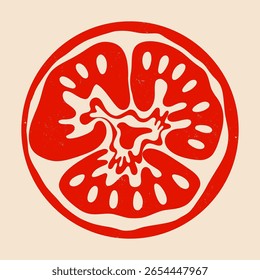 Rodaja de tomate rojo. Sección transversal de tomate maduro con semillas, efecto risográfico moderno de vegetales de jardín fresco abstracto, producto alimenticio vegetariano orgánico. Vector aislado ilustración.