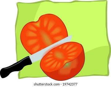 red tomato sliced and knife	