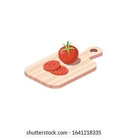 Red tomato sliced on a cutting board. Vector 3d isometric, color web icon, new flat style. Creative illustration design, idea for infographics.