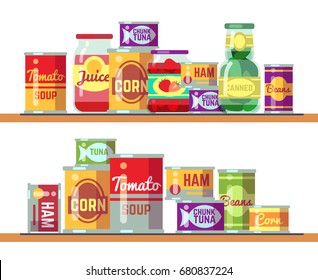 Red tomato soup and canned food vector illustration. Tomato tinned container product in shelf retail