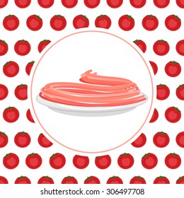 Red Tomato spaghetti against backdrop of a love apple. Vector illustration pasta.