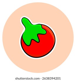 Red Tomato Vector Icon with Green Calyx on Soft Peach Circle. Fresh Organic Vegetable Illustration