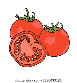 Red tomato vector illustration. Cut tomato, tomato slice, leaves, flowers and tomato seeds. Cartoon vegetable set of elements isolated on white background.