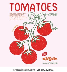 Red tomato vintage design. Fresh vegan food. Organic vegetable farm. Tomato vegetable artwork for t shirt print, poster, sticker and other uses.	