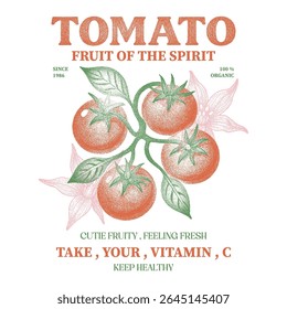 red tomato vintage t‑shirt design, Tomato vegetable artwork for t shirt print, Positive vibes, Organic vegetable farm, typography t‑shirt, vintage t‑shirt, vintage fruit, fruit t-shirt