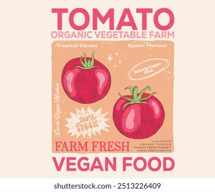 Tomate vermelho vintage t-shirt design. Exploração vegetal biológica. Arte vegetal de tomate para impressão de camisetas, cartaz, adesivo e outros usos.