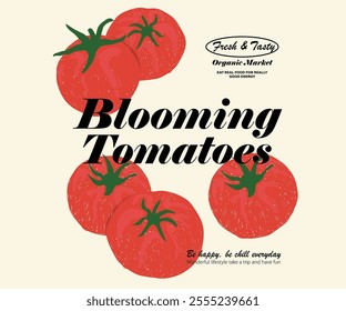 Red tomato vintage t-shirt design. Organic vegetable farm. Blooming tomatoes art. Tomato vegetable artwork for t shirt print, poster, sticker and other uses. Fresh vegan food.