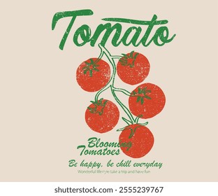 Red tomato vintage t-shirt design. Organic vegetable farm. Tomato vegetable artwork for t shirt print, poster, sticker and other uses. Fresh vegan food. Blooming tomatoes art.