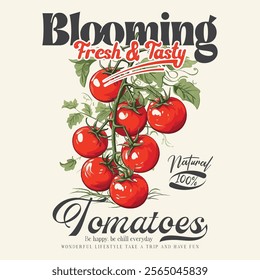 Red tomato vintage t-shirt design, Blooming tomatoes art, Summer food graphic, vintage retro Tasty food for design, Positive vibes, Fresh vegan food, Tomato vegetable artwork for t shirt print,