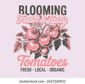 Red tomato vintage t-shirt design. Organic vegetable farm. Tomato vegetable artwork for t shirt print, poster, sticker and other uses. Fresh vegan food, summer tomato slogan vector tee print 