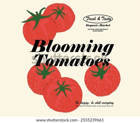 Red tomato vintage t-shirt design. Organic vegetable farm. Blooming tomatoes art. Tomato vegetable artwork for t shirt print, poster, sticker and other uses. Fresh vegan food.