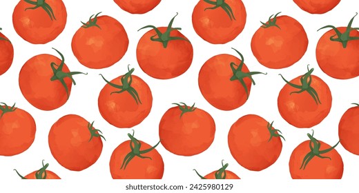 Red tomato watercolor seamless pattern. Natural vegetable background illustration of organic cooking ingredient for healthy nutrition concept. Fresh hand drawn tomatoes on white backdrop.