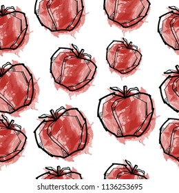  Red Tomato watercolor seamless pattern.Vector Design. Hand draw pattern. Organic food. Vegan.