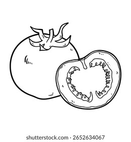 Tomate vermelho, inteiro e metade, ilustração de contorno de vetor isolado no fundo branco, eps10