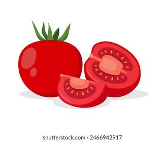 Tomate Rojo. Iconos de plantas de tomates de granja enteros y partes de ellos. Verduras orgánicas comida vegetariana. Ilustración vectorial aislada sobre fondo blanco.