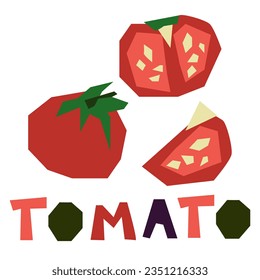 A red tomato, whole and in section, highlighted on a white background. The original signature is tomato. Products from the farmer's market, organic food. Geometric stylized flat vector illustration